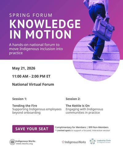 Promotional graphic for the Indigenous Works Spring Forum 2026, “Knowledge in Motion,” featuring two sessions on Indigenous employee support and meaningful community engagement.